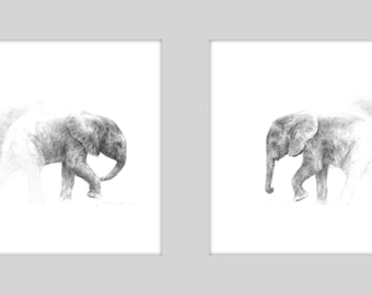 bébés éléphants ; Rencontre Soulful; décoration d'art mural africain ; Dessin d'éléphant original et moderne; Œuvre d'art encadrée unique pour les amoureux de la faune