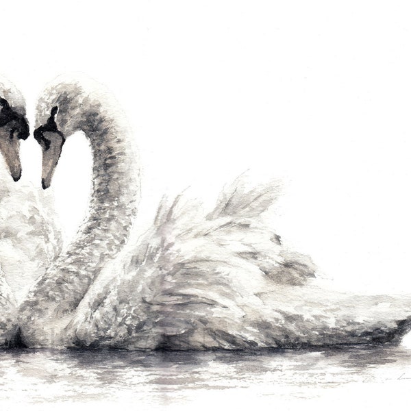 Tenderness - Fine Art Print of Swans, Gift for Weddings, Custom painting from photo