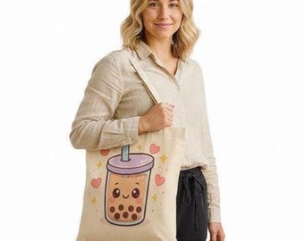 Kawaii Boba Tea Tote Bag: Reusable Polyester Grocery Bag