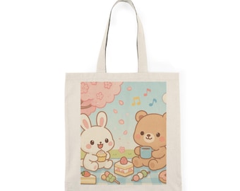 Kawaii Bunny & Bear Canvas Tote Bag: Japanese Picnic Design