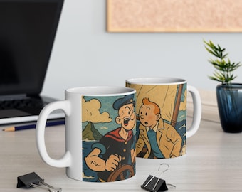 Popeye & Tintin Adventure Mug: Vintage Comic Style Coffee Cup