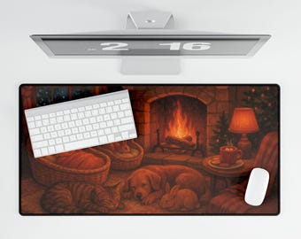 Cozy Winter Mousepad: Sleeping Baby & Pets by the Fireplace | Warm Holiday Desk Mat