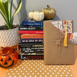 May include: A stack of books wrapped in brown paper with twine and a yellow tassel bookmark. The books are titled "In the Company of Witches", "The Haunting of Maddy Clare", "Not the Witch You Wed", "The Butcher", and "In a Dark, Dark Wood". The books are sitting on a brown and white polka dot surface with a small orange jack-o'-lantern and two white pumpkins.