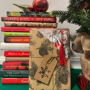 May include: A stack of books wrapped in brown paper with a pine cone and snowflake design. The paper is tied with twine and a red tassel. The books are titled "The Cabin at the End of the World", "Apt Pupil", "The Handmaid's Tale", "The Housemaid's Secret", "Educated", "Winter in Paradise", "An Anonymous Girl", "The Last House on Needless Street", and "Sarah's Key".