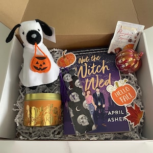 May include: A white box filled with Halloween-themed items, including a book titled "Not the Witch Wed" by April Asher, a candle with a gold pumpkin design, a ghost-shaped stuffed toy, a pumpkin spice tea bag, and a red glass pumpkin ornament.
