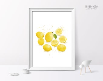 Digital Download Lemon Print, Printable Fruit Print, Instant Download, Lemon Kitchen Wall Decor, Watercolor Fruit Art Print, Dining Room Art