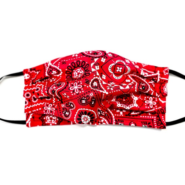 Red Bandana Mask, Black, Red & White, Triple Layered Face Mask with Nose Wire, Pocket for Filter, Adjustable Ear Loops, Made in USA