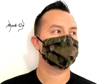 Camouflage Face Mask, Camo, Army Green, Triple Layered Mask Cover with Nose Wire, Adjustable Ear Loops, Pocket for Filter, Made in USA