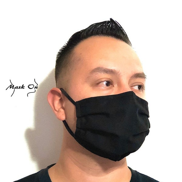 Black Mask with Nose Wire, 100% Cotton, Triple Layered Face Mask, Adjustable Ear Loops, With Pocket for Filter, Washable, Made in USA