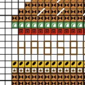 May include: Cross stitch pattern of a hamburger with the word "WITH" stitched below it.