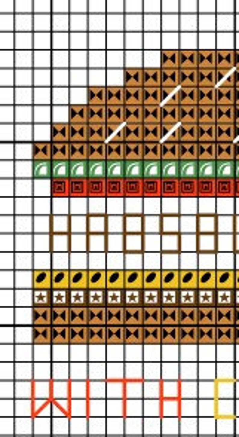 May include: Cross stitch pattern of a hamburger with the word "WITH" stitched below it.