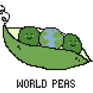 May include: A green pea pod with three peas inside. The middle pea is a blue and green globe with continents. The other two peas have smiling faces. The text "WORLD PEAS" is below the pod.