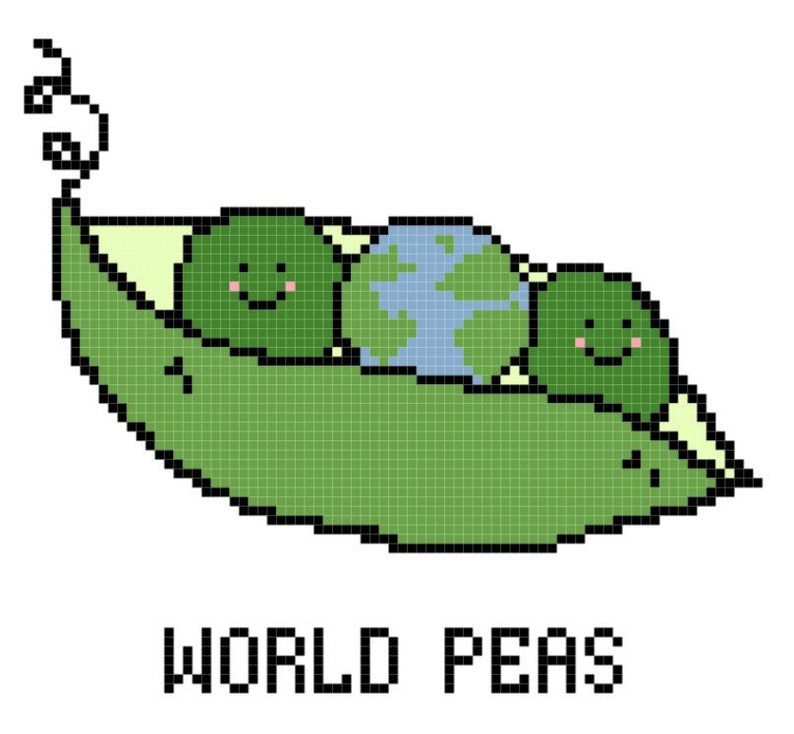 May include: A green pea pod with three peas inside. The middle pea is a blue and green globe with continents. The other two peas have smiling faces. The text "WORLD PEAS" is below the pod.