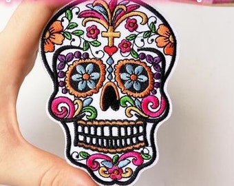 Sugar Skull Patch Embroidered White Floral Skull Patch for Clothing Iron on Sewing Applique for Jackets Day of the Dead