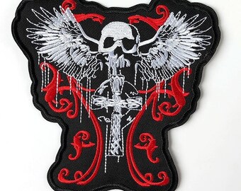 Illicit Martin Wing Skull Dagger Patch Biker Death Embroidered Iron On Applique