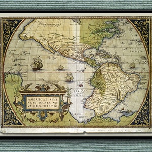 May include: An antique map of the Americas, titled "Americae sive novi orbis nova descriptio." The map is framed in a dark wood frame and features a detailed depiction of the continents, including the Caribbean islands and the coastline of South America. The map is in a vintage style, with a faded color palette and intricate details.