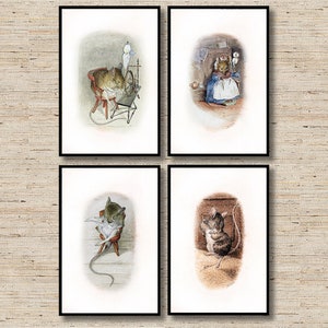 May include: Set of four framed illustrations featuring a mouse in various scenes. The illustrations are in a vintage style with muted colors and delicate details. The mouse is depicted sewing, sleeping, and holding a piece of fabric.