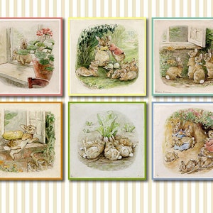 May include: Six illustrations of Peter Rabbit from the children's book by Beatrix Potter. The illustrations show Peter Rabbit in various scenes, including him in a garden, in a house, and in a field. The illustrations are in a vintage style and are printed on a white background.