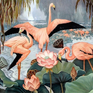 Flamingo Exotic Bird Painting Print with Lotus Blossoms.