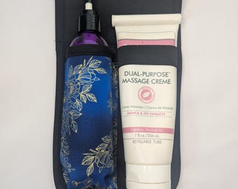 Funda para crema y loción con diseño floral azul y dorado, funda para loción de masajista.