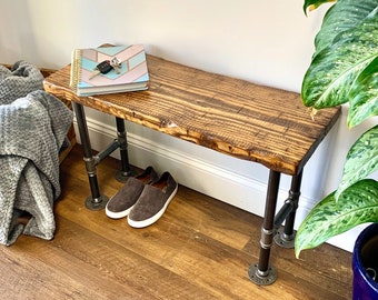 Handmade Entryway Bench Rustic Country Farmhouse Real Distressed Wood Gray Industrial Pipe Legs 18"-72", Multiple Colors & Sizes