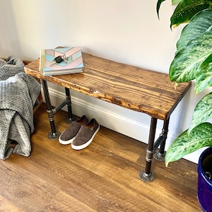 Handmade Entryway Bench Rustic Country Farmhouse Real Distressed Wood Gray Industrial Pipe Legs 18&quot;-72&quot;, Multiple Colors & Sizes