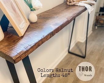 Handmade Entryway Console Table w/ Black Trapezoid Base Legs Rustic Country Farmhouse Real Distressed Wood Industrial, Multiple Colors/Sizes