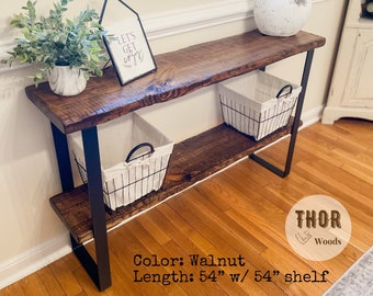 Handmade Entryway Console Table with Shelf Black Square Base Legs Rustic Country Farmhouse Distressed Wood Industrial, More Colors & Sizes