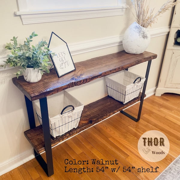 Handmade Entryway Console Table with Shelf Black Square Base Legs Rustic Country Farmhouse Distressed Wood Industrial, More Colors & Sizes