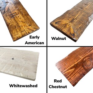 May include: Four wood samples showing different wood stains: Early American, Walnut, Whitewashed, and Red Chestnut.