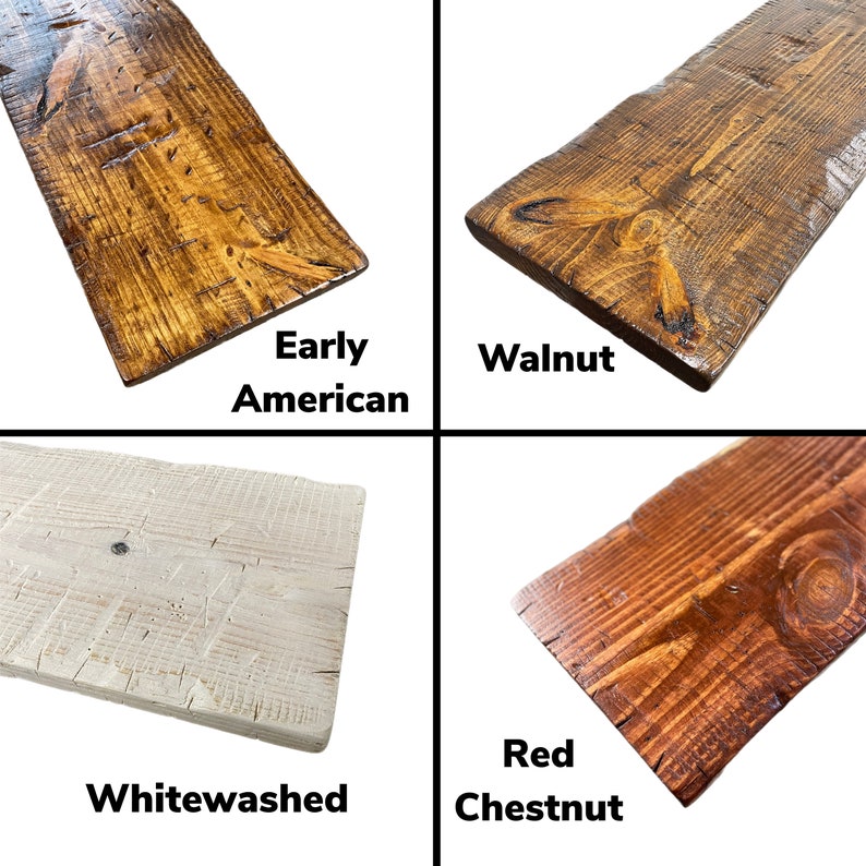 May include: Four wood samples showing different wood stains: Early American, Walnut, Whitewashed, and Red Chestnut.