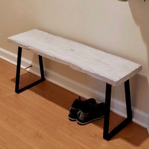 Handmade Entryway Bench Rustic Country Farmhouse Real Distressed Wood Black Metal Trapezoid Legs Industrial 1872, Multiple Colors & Sizes image 7