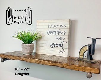 Handmade Rustic Country Farmhouse Distressed Solid Wood 9-1/4" Deep x 1-1/2" Thick Floating Industrial Pipe Barn Shelf w/ Hardware 16" - 72"