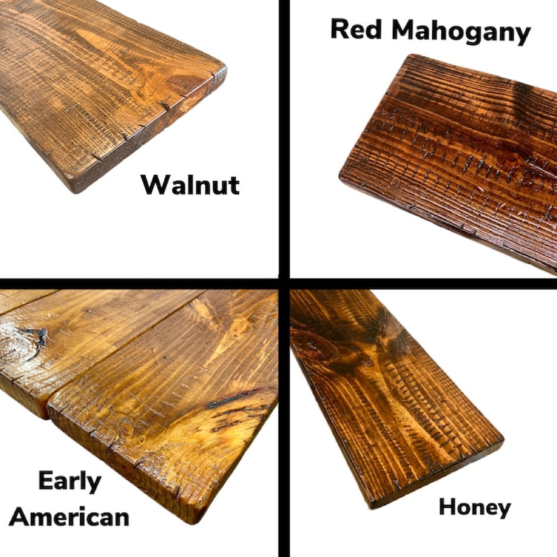 Puede incluir: Cuatro muestras de madera te&ntilde;idas en diferentes colores: Nogal, Caoba Roja, Early American y Miel. La madera es de color marr&oacute;n claro con un veteado natural.