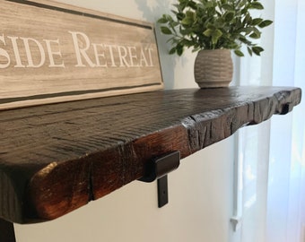 Handmade Rustic Country Farmhouse Distressed Solid Wood Floating Shelf Black Flat Steel Bracket w/ Lip 16"-95" Multiple Depths & Colors