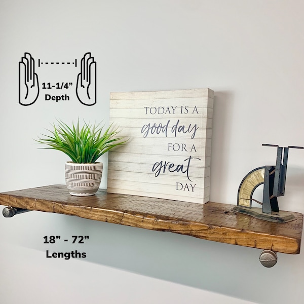 Handmade Rustic Country Farmhouse Distressed Solid Wood 11-1/4" Deep x 1-1/2" Thick Floating Industrial Pipe Barn Shelf w/ Hardware 18"-72"