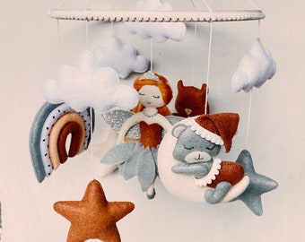 Felt Baby Mobile Fairy, Baby Mobile Girl, Felt Rainbow Stars Clouds, Mobile Sleeping Bear, Baby Birth Gift