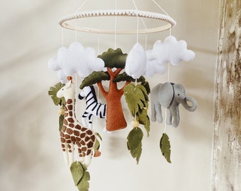 Baby Mobile Safari, Felt Mobile Boy, Birth Baby Gift, Mobile Elephant, Zebra, Giraffe