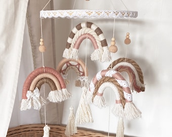 Baby Macrame Rainbow Mobile, Macrame Mobile Girl Pink, Baby Gift Birth,