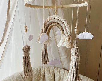 Baby Macrame Mobile Rainbow, Macrame Mobile Beige Gold, Gift Baby Birth, Baby Shower Gift
