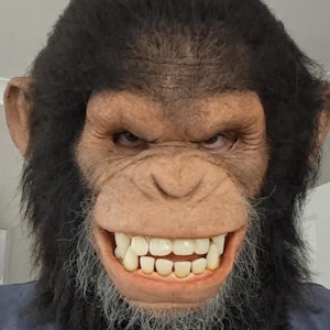 Pode incluir: Uma máscara de chimpanzé realista com pele castanha texturizada, olhos profundos e um sorriso largo com dentes visíveis. A máscara é coberta por uma pelagem preta espessa que emoldura o rosto, com uma barba cinza clara ao redor da boca.