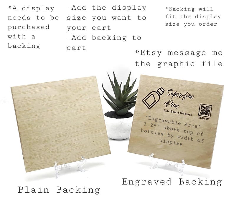 May include: Two wooden display backings, one plain and one engraved with "Superfine Pine" and a bottle graphic. The engraved backing includes text about the engravable area. Both are displayed on clear stands, with a potted succulent in the background.
