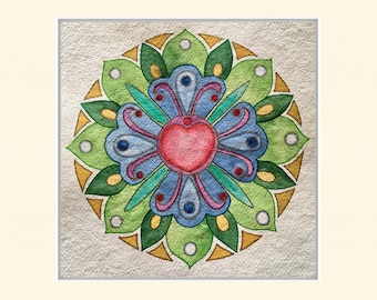 Watercolor painting "Mandala Heart", unique, hand-painted, watercolor paper