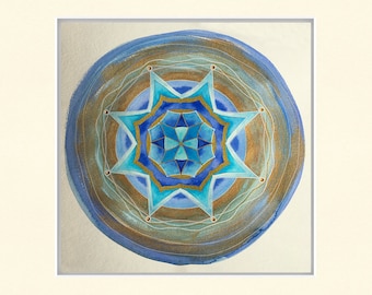 Watercolor painting "Mandala Gold-Blue", unique, hand-painted, watercolor paper