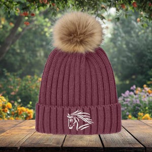 Horse Beanie With Pom, Equestrian Winter Hat, Equestrian Gift, Horse Rider Beanie, Horse Enthusiast, Horse Lover Gift, Horse Mom Gift