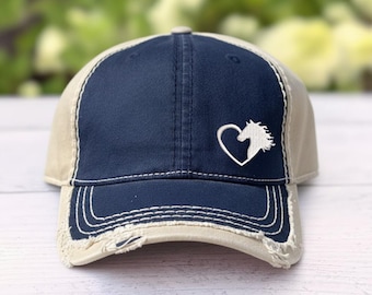 Horse Heart Hat: Embroidered Distressed Cap, Equestrian Gift