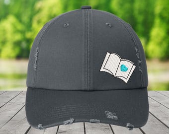 Book Heart Embroidered Distressed Dad Hat - Book Lover Gift