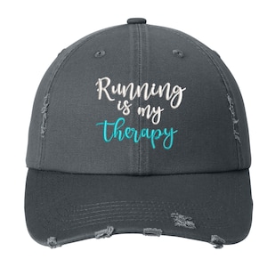 Running is my therapy hat, running baseball hat, distressed hat, runner&#39;s hat, running hat, gift for runner, marathon hat, marathon gift