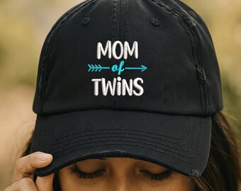 Embroidered Mom of Twins Cap, Distressed Cotton Twin Mom Hat