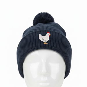 Emberoidered Chicken Beanie, Chicken Lady Gift, Farm Fall Winter Hat With Pom/Navy